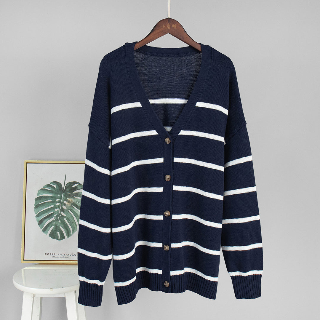 Damen Strickjacke mit breiten Streifen und Knopfverschluss Drune
