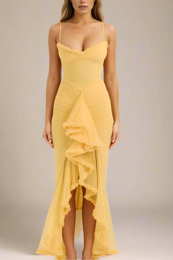 Damen Elegantes Wickelkleid mit Rüschendetails und hohem Schlitz Drune