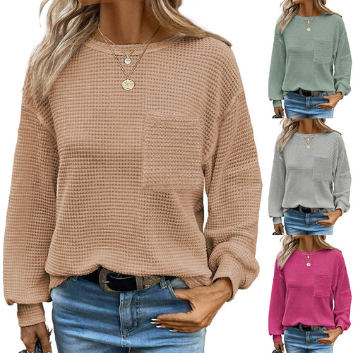 Damen lässiger Sweatshirt mit Struktur und Brusttasche Drune