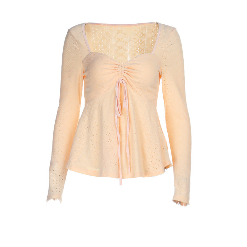 Damen luftiges Blusenshirt mit Rüschendetails und Schnürung Drune