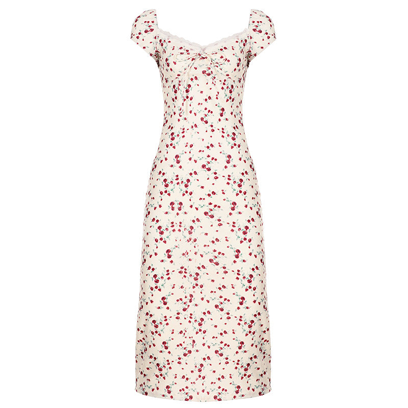 Damen romantisches Blumenkleid mit Raffungen und Spaghetti-Trägern Drune