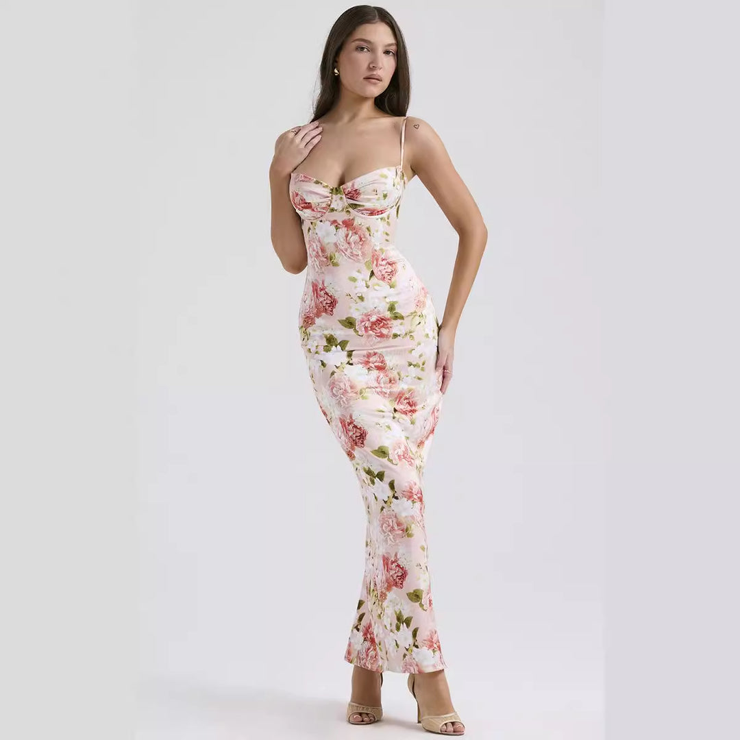 Damen Elegantes Maxikleid mit floralem Design und verstellbaren Spaghettiträgern Drune