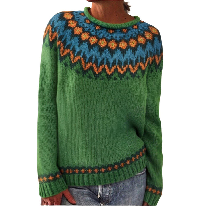 Damen nan melierter Rundhalsausschnittpullover mit kreisförmigem Jacquard-Yoke und geripptem Saum Drune