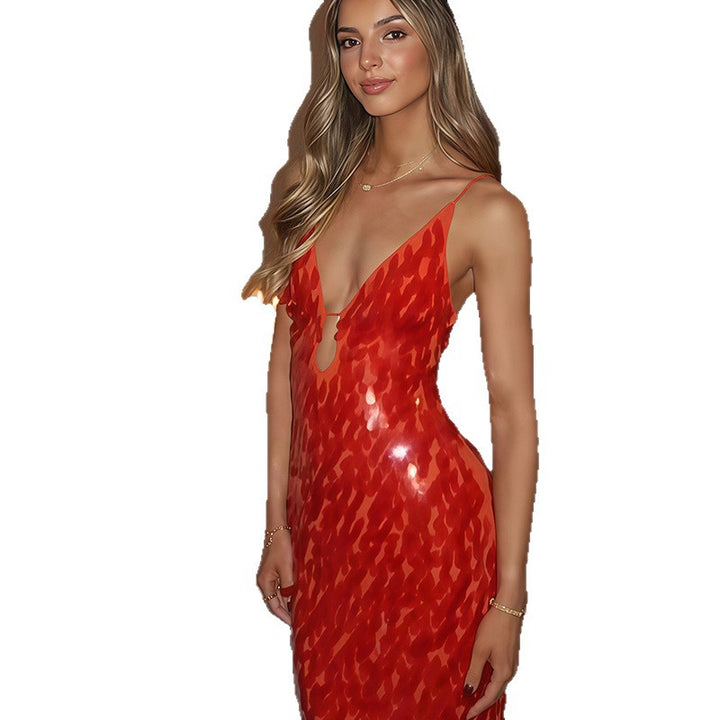 Damen Elegantes Maxikleid mit tiefem Ausschnitt und glänzenden Pailletten Drune