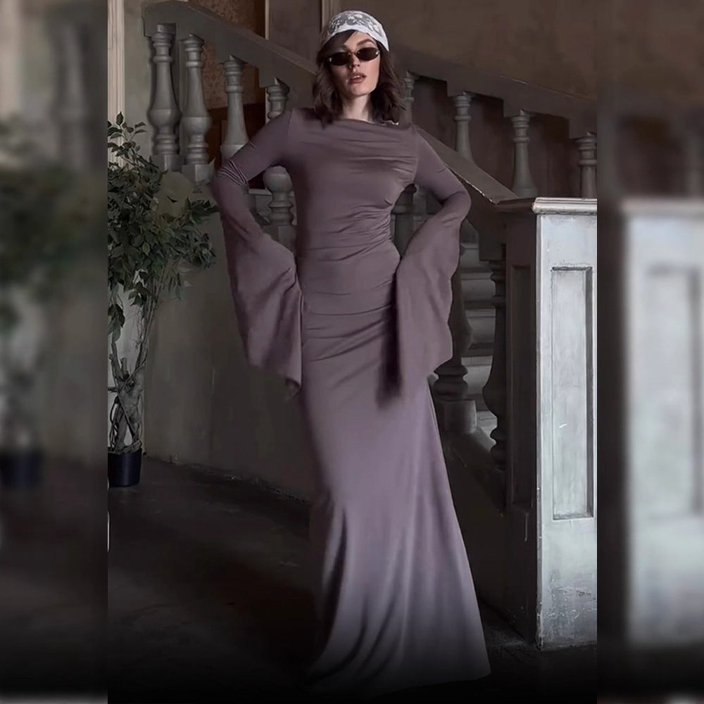 Damen elegantes Maxi-Kleid mit schwingenden Ärmeln und raffinierten Drapierungen Drune