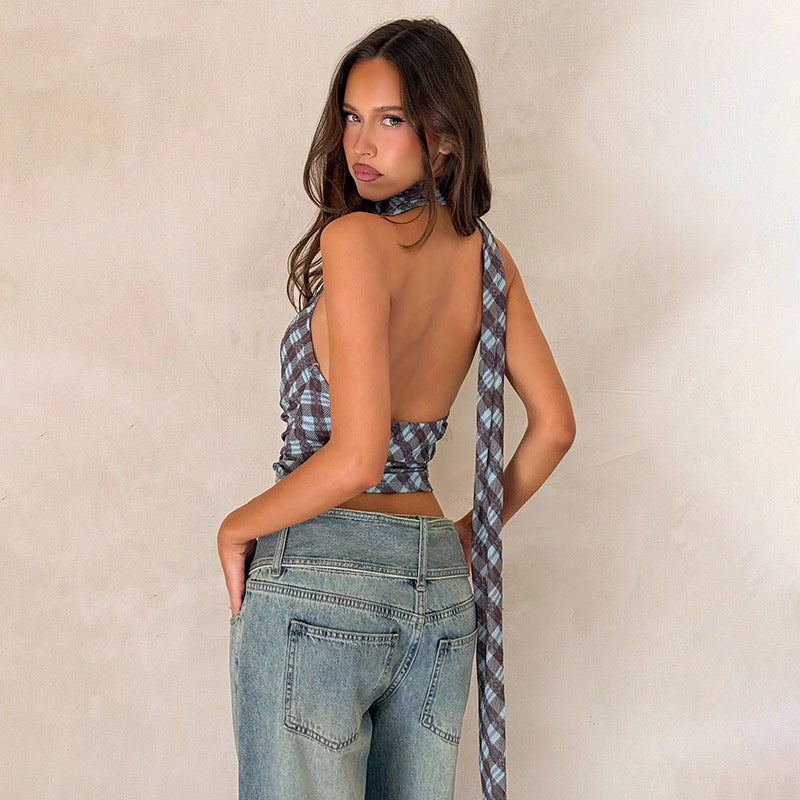 Damen Kurzarm Blusen-Top mit gerafftem Design und modischem Karomuster Drune