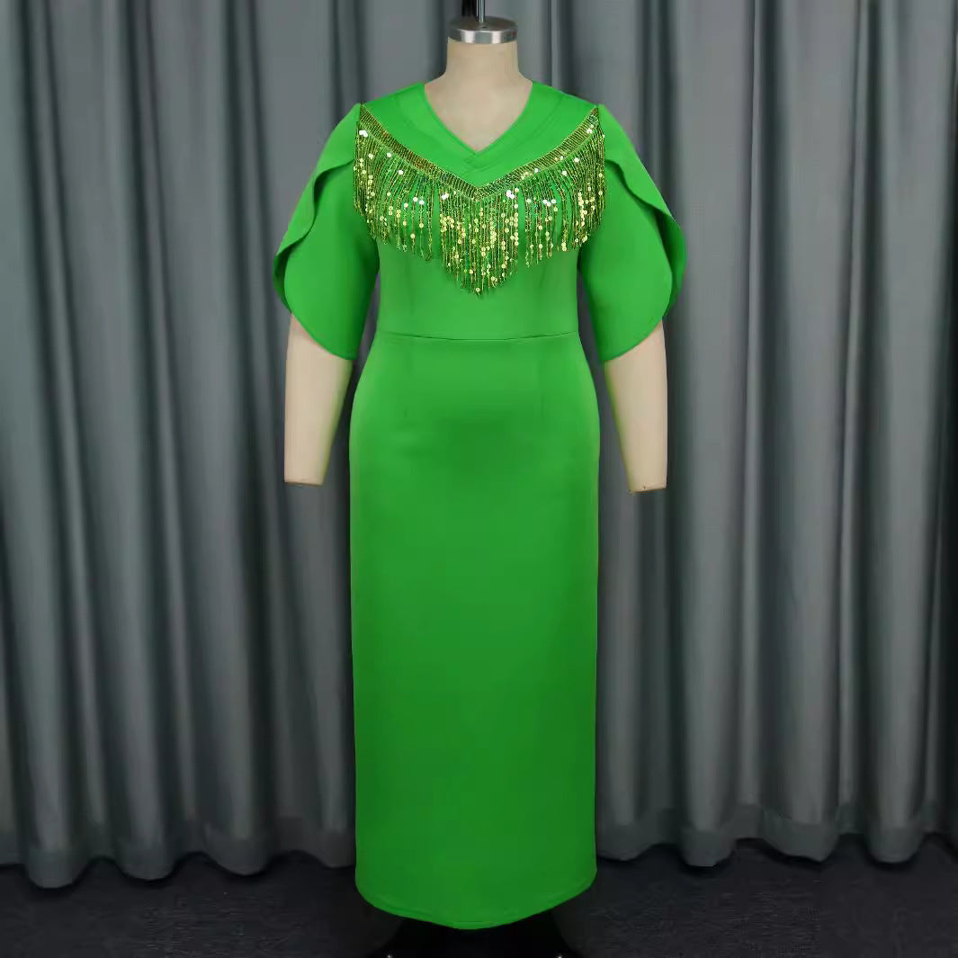 Damen Glamouröses Maxikleid mit funkelndem Fransenkragen Drune