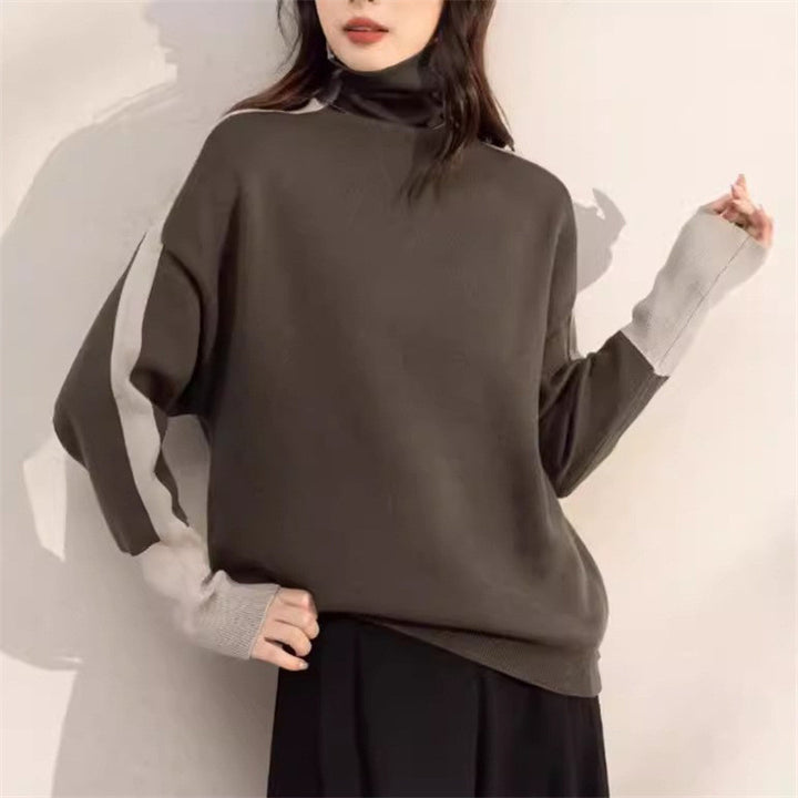 Damen Oversized Pullover mit modernem Rollkragen und kontrastierenden Ärmelakzenten Drune