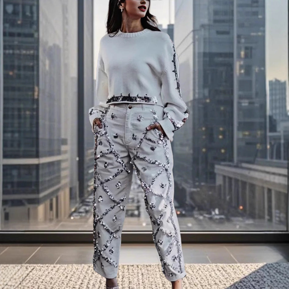 Damen modischer cropped Pullover mit Pailletten Drune