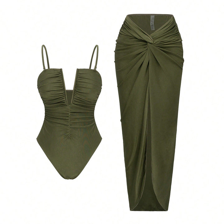 Damen One-Piece Badeanzug mit elegantem Wickelrock Drune