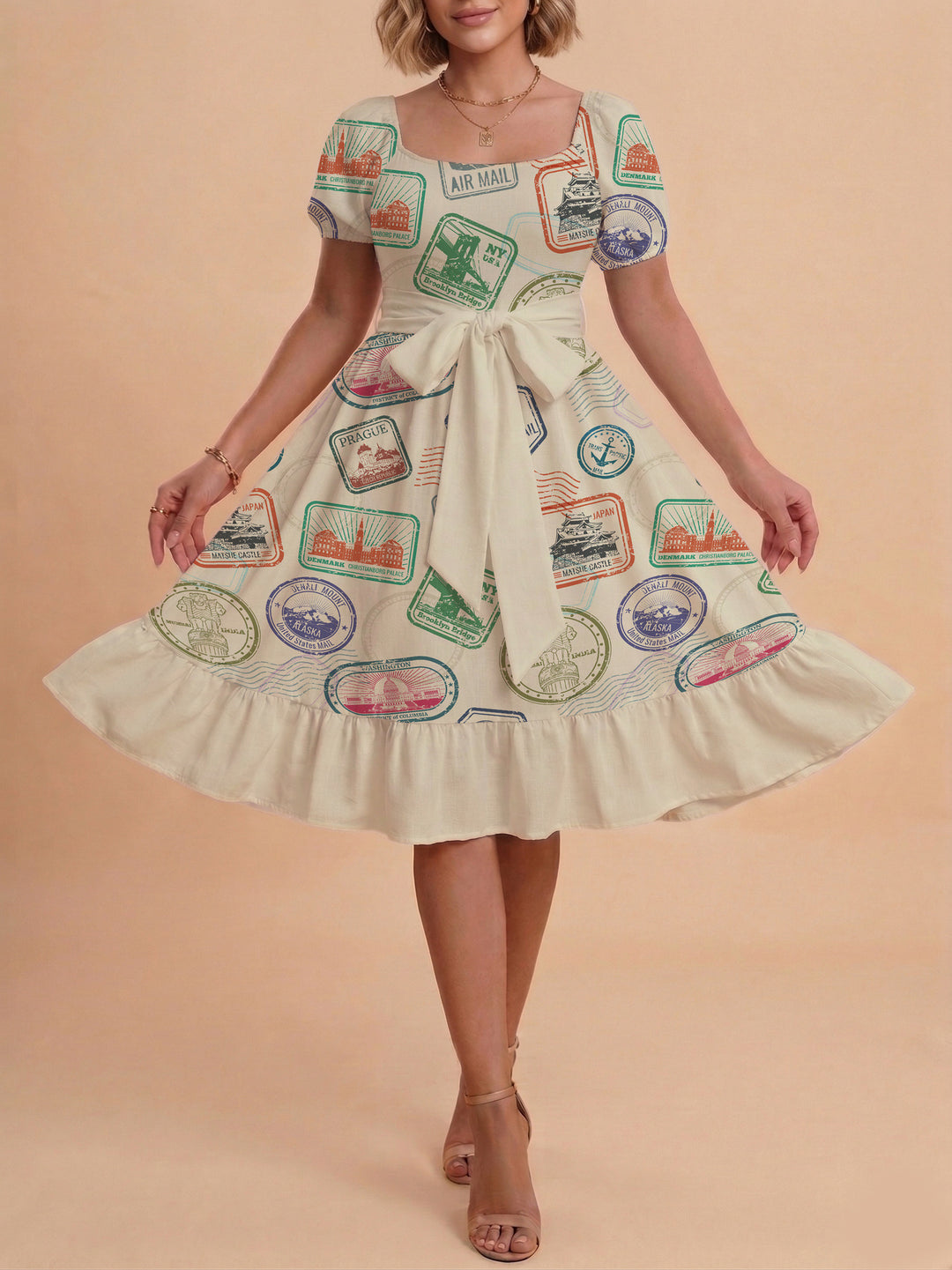 Damen Sommerkleid mit floralem Puffärmel und taillierbarem Gürtel Drune