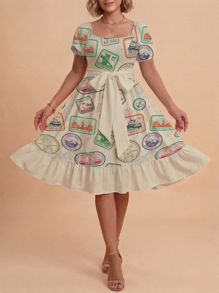 Damen Sommerkleid mit floralem Puffärmel und taillierbarem Gürtel Drune