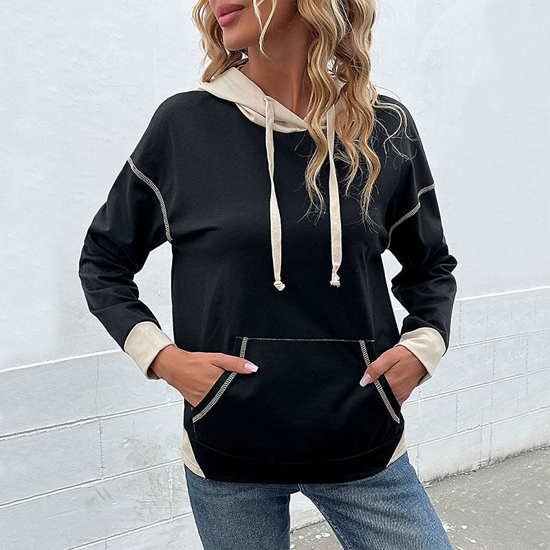 Damen lässiger Kapuzenpullover mit seitlichen Taschen und kontrastierenden Ärmeln Drune