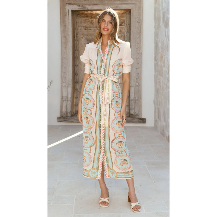 Damen Maxikleid mit raffiniertem Muster und Taillenschnürung Drune