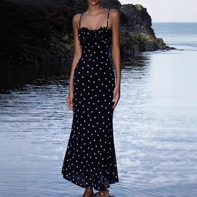 Damen Maxikleid mit Rüschen und Punkten Drune