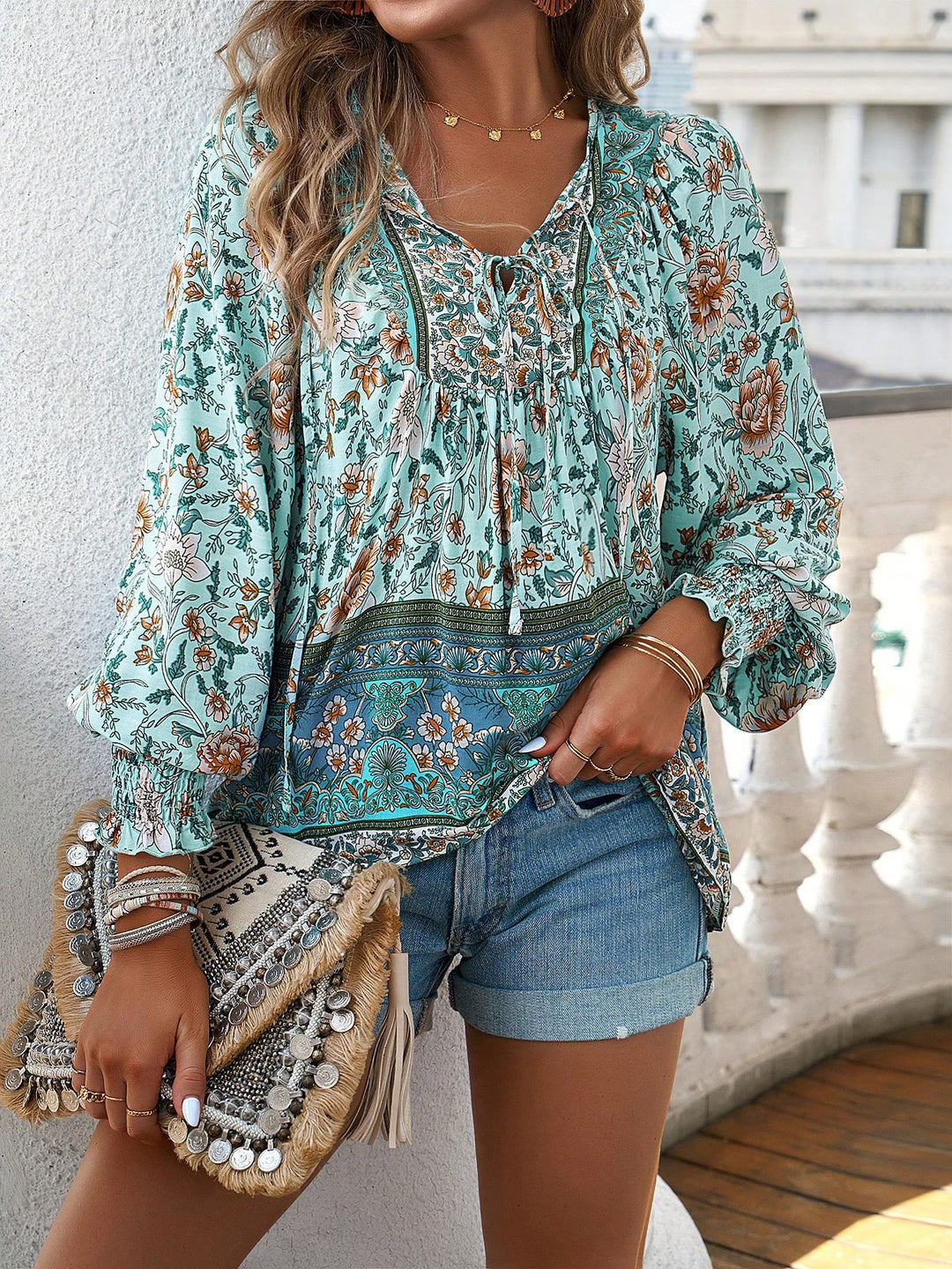 Damen Bluse mit floralen Mustern und weiten Ärmeln Drune