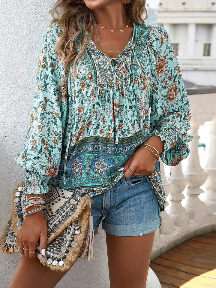 Damen Bluse mit floralen Mustern und weiten Ärmeln Drune