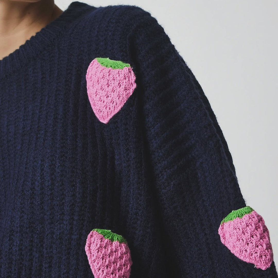 Damen Strickpullover mit einzigartigem Erdbeerdesign und komfortablem Schnitt Drune
