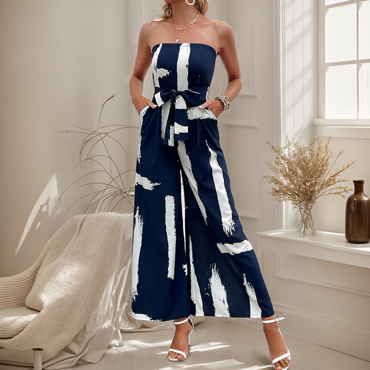 Damen schulterfreier Jumpsuit mit weitem Bein und modischem Bindegürtel Drune