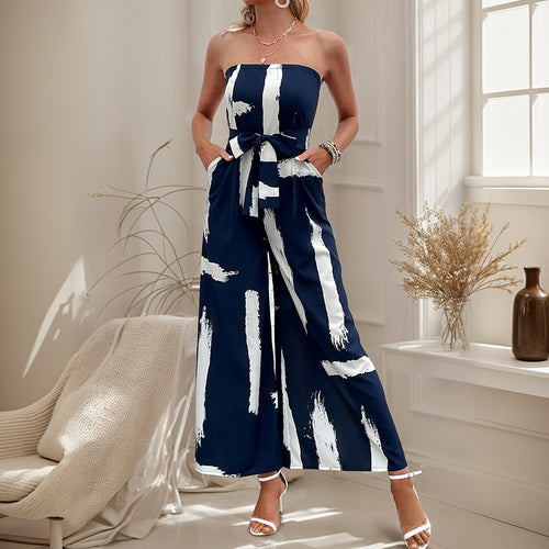 Damen schulterfreier Jumpsuit mit weitem Bein und modischem Bindegürtel Drune