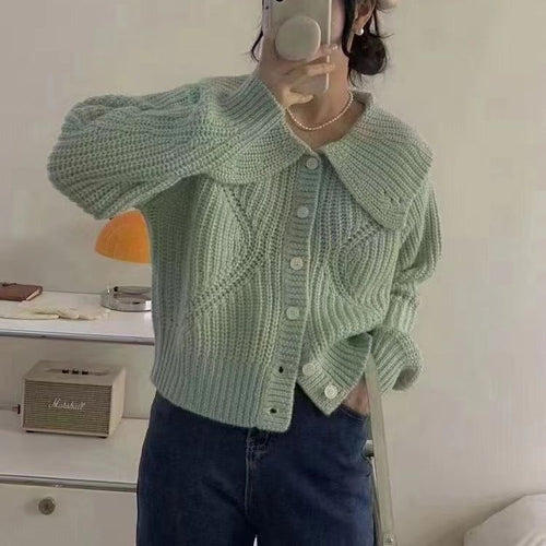 Damen Strickjacke mit großem Kragen und voluminösen Ärmeln Drune