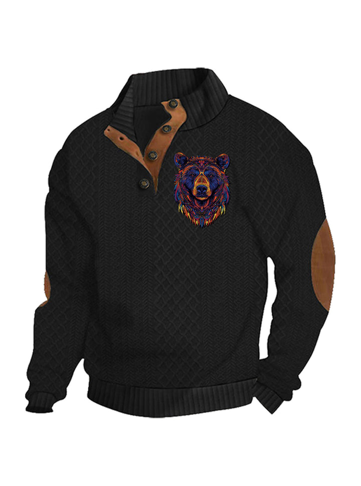 Herren nan Heritage-Strukturpullover mit Stehkragen Lederimitat-Besatz Ellenbogen-Patches und Halbknopfleiste Drune