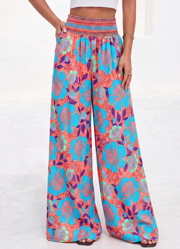 Damen luftige Palazzo-Hose mit floralen Mustern und elastischem Bund Drune