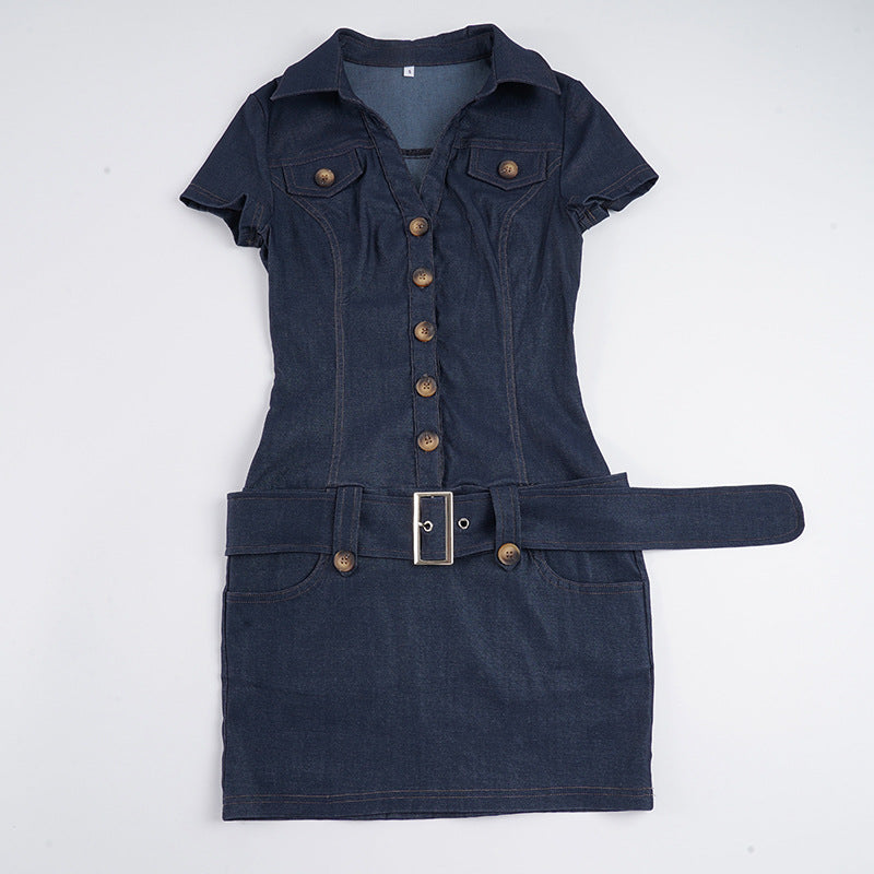Damen Jeanshemdkleid mit Gürtel und knöpfbarem Ausschnitt Drune