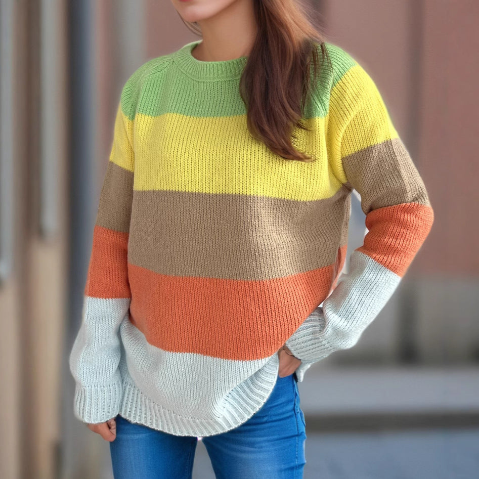 Damen gestreifter Strickpullover mit lässigem Schnitt und buntem Design Drune