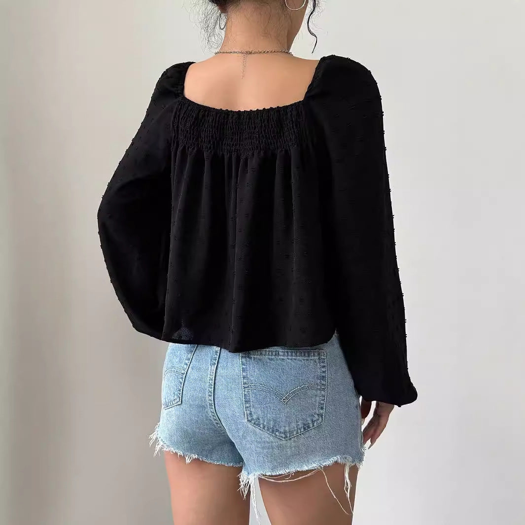 Damen elegante Bluse mit luftigen Puffärmeln und strukturierter Oberfläche Drune