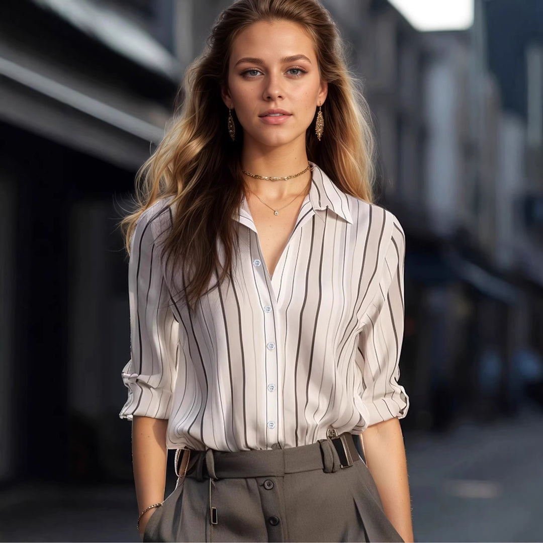 Damen Langarm-Bluse mit feinen Streifen und klassischem Kragen Drune