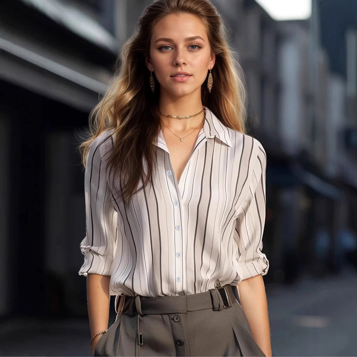 Damen Langarm-Bluse mit feinen Streifen und klassischem Kragen Drune