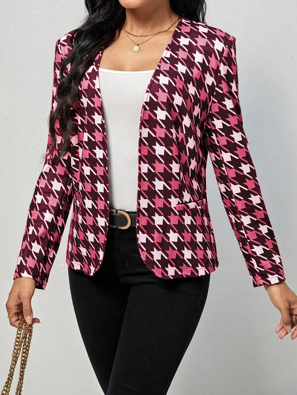 Damen modische Blazerjacke mit auffälligem Hahnentritt-Muster und taillierter Passform Drune
