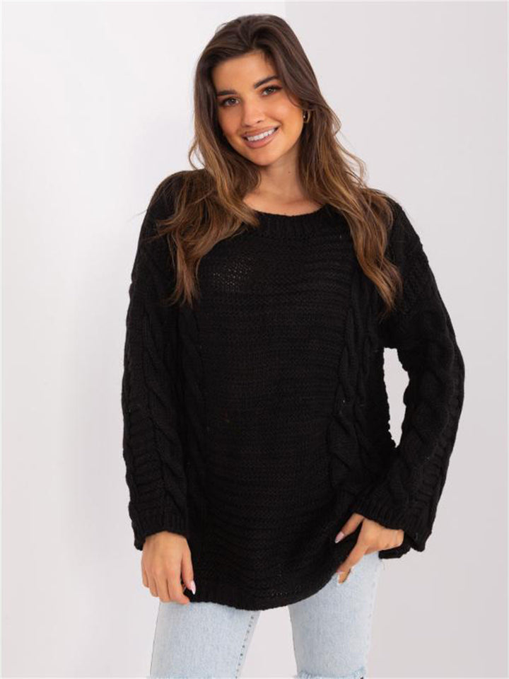 Damen Grobstrickpullover mit modernem Zopfmuster und weiten Ärmeln Drune