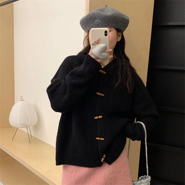 Damen bequeme Strickjacke mit Kapuze und Holzknopfdetails Drune