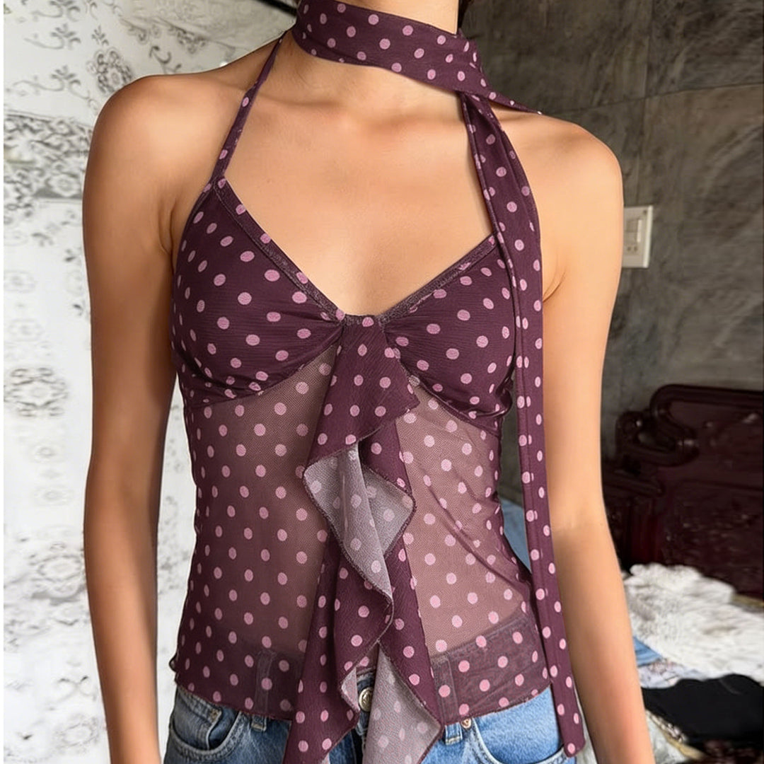 Damen luftiges Haltertop mit verspieltem Punkte-Design und Rüschendetails Drune