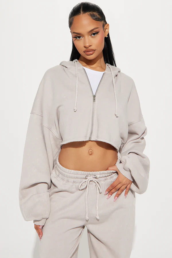 Damen nan Kapuzen-Crop-Top und weite Jogginghose Lounge-Set aus weichem Fleece Drune
