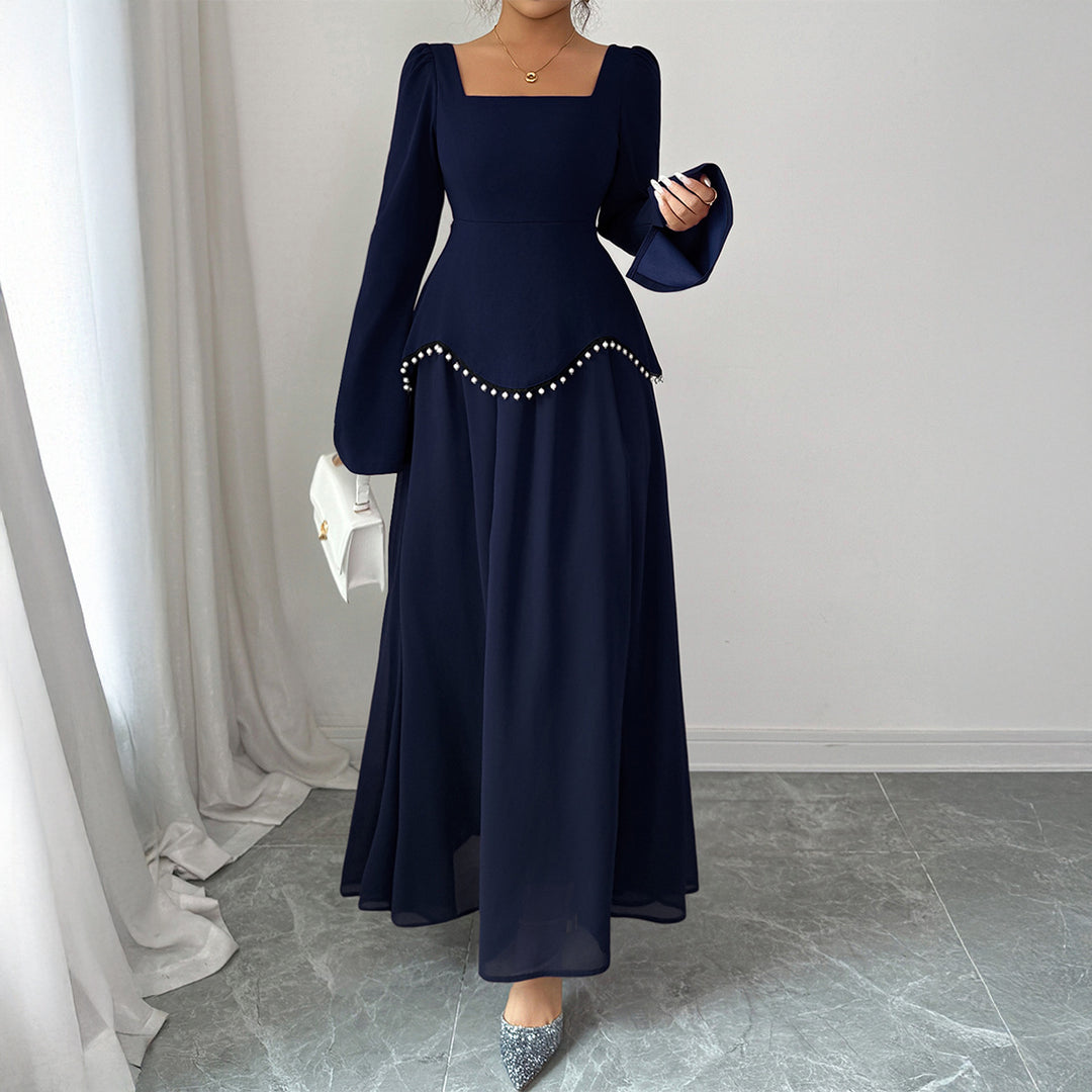 Damen nan elegantes Maxikleid mit quadratischem Ausschnitt, taillierter Schößchen-Passe und Perlenbordüre Drune
