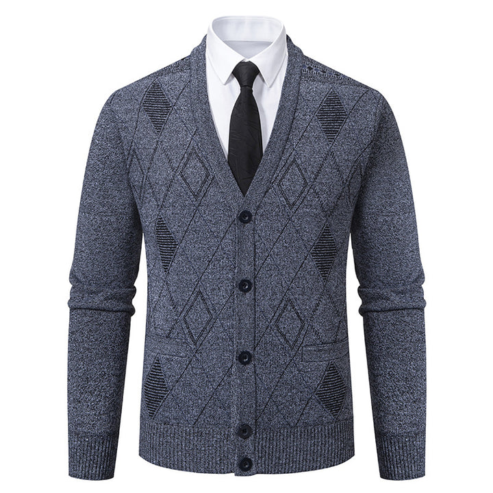 Herren nan feiner Rauten-Strickcardigan mit V-Ausschnitt, Knopfleiste und Eingriffstaschen Drune