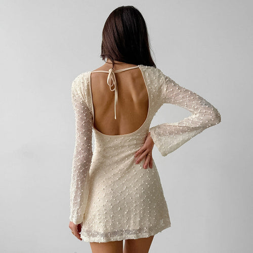 Drune | Jacquard Mini Kleid Taillierte Silhouette Rundhals Langarm Rückenfrei Mit Schleife