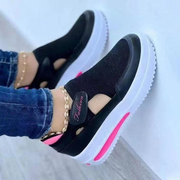 Damen  atmungsaktive Strick-Sneaker mit Klettverschluss, Cut-Outs und Plateau-Luftsohle Drune