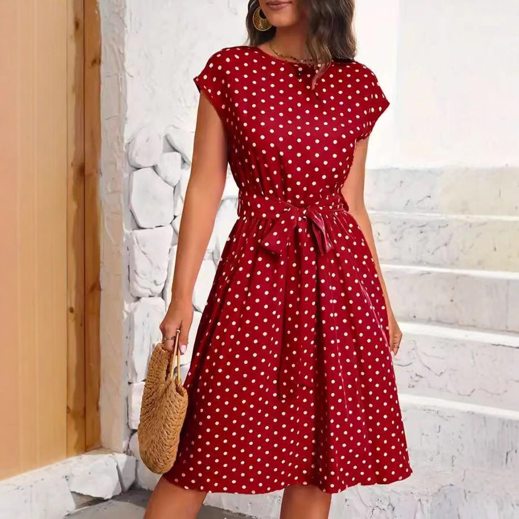Damen Midikleid mit taillierendem Bindegürtel und verspieltem Polka-Dots Design Drune