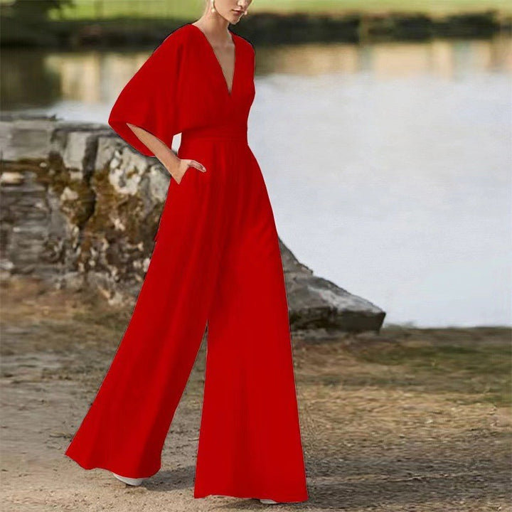 Damen Jumpsuit mit tiefem V-Ausschnitt und weit geschnittenen Beinen Drune