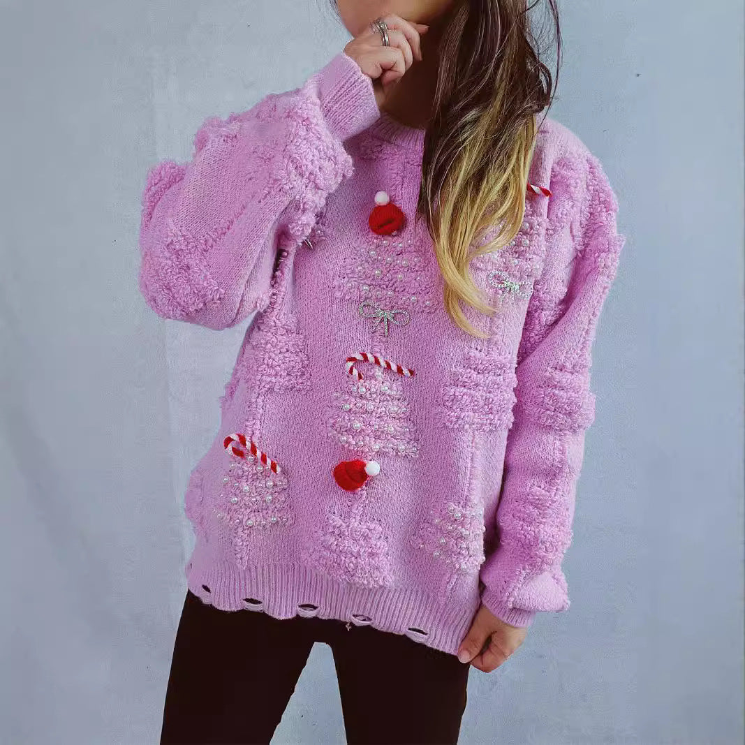Damen festlicher Pullover mit kreativen Weihnachtsmotiven und strukturiertem Design Drune