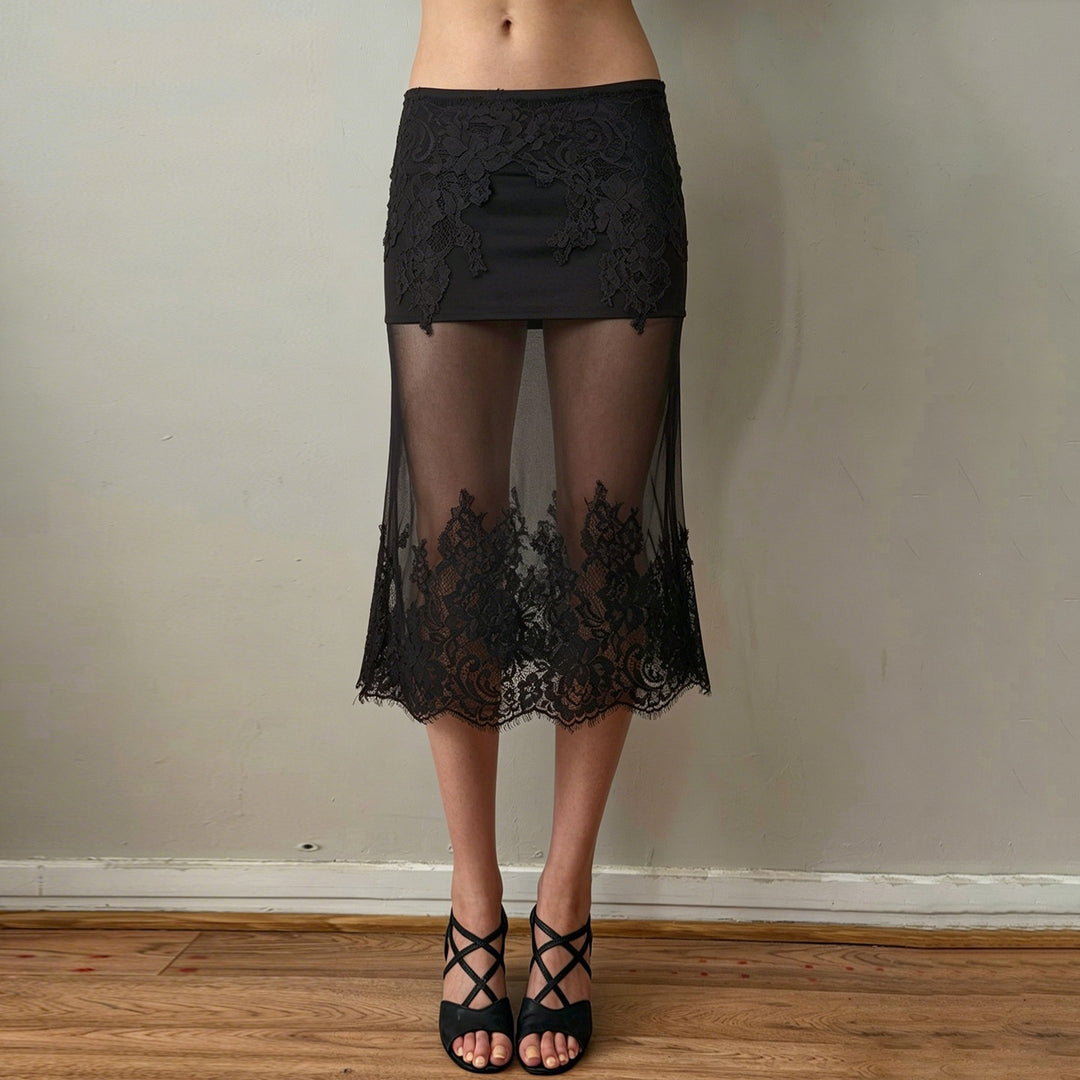 Damen Spitzenrock mit transparentem Unterkleid und verzierten Rüschen Drune