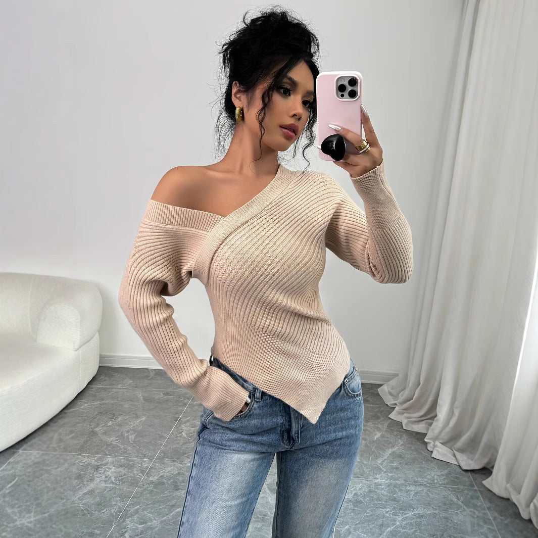 Damen asymmetrisches Rippenstrickoberteil Drune