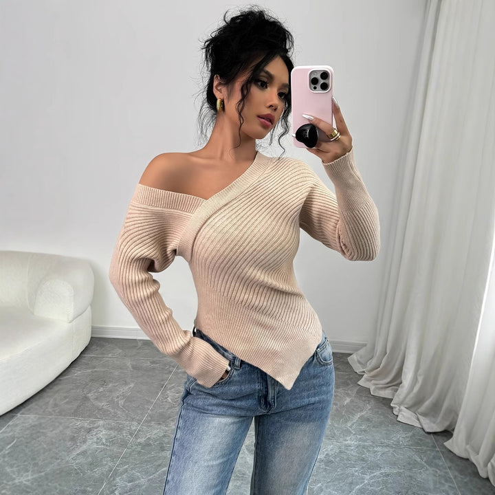 Damen asymmetrisches Rippenstrickoberteil Drune