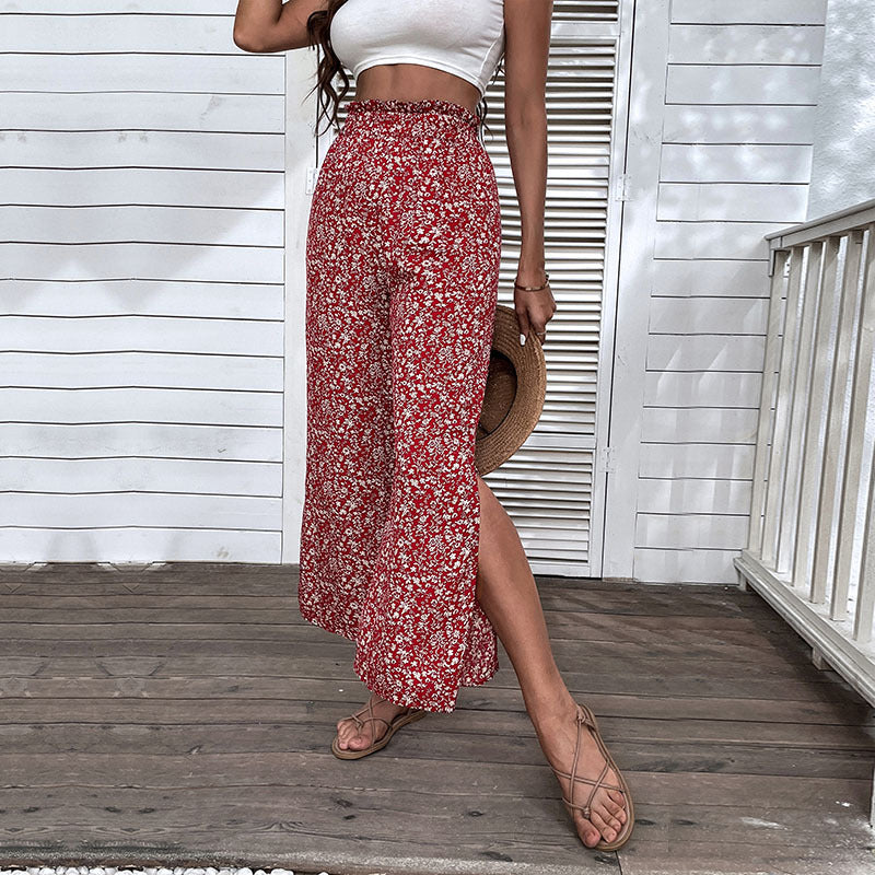 Damen Weite Palazzo-Hose mit floralem Muster und hohen Seitenschlitzen Drune