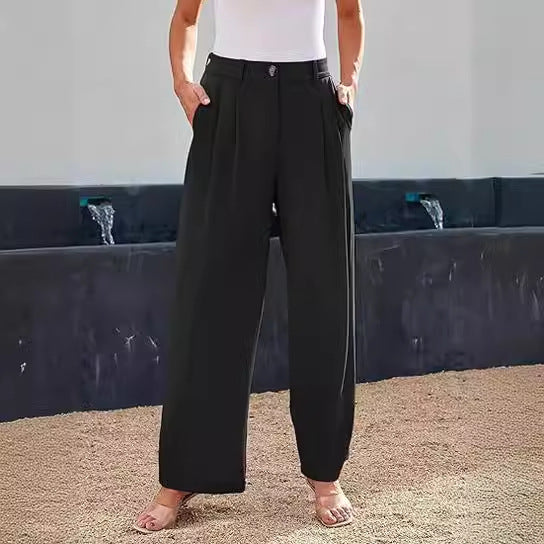 Damen weite High-Waist Stoffhose mit seitlichen Eingrifftaschen Drune
