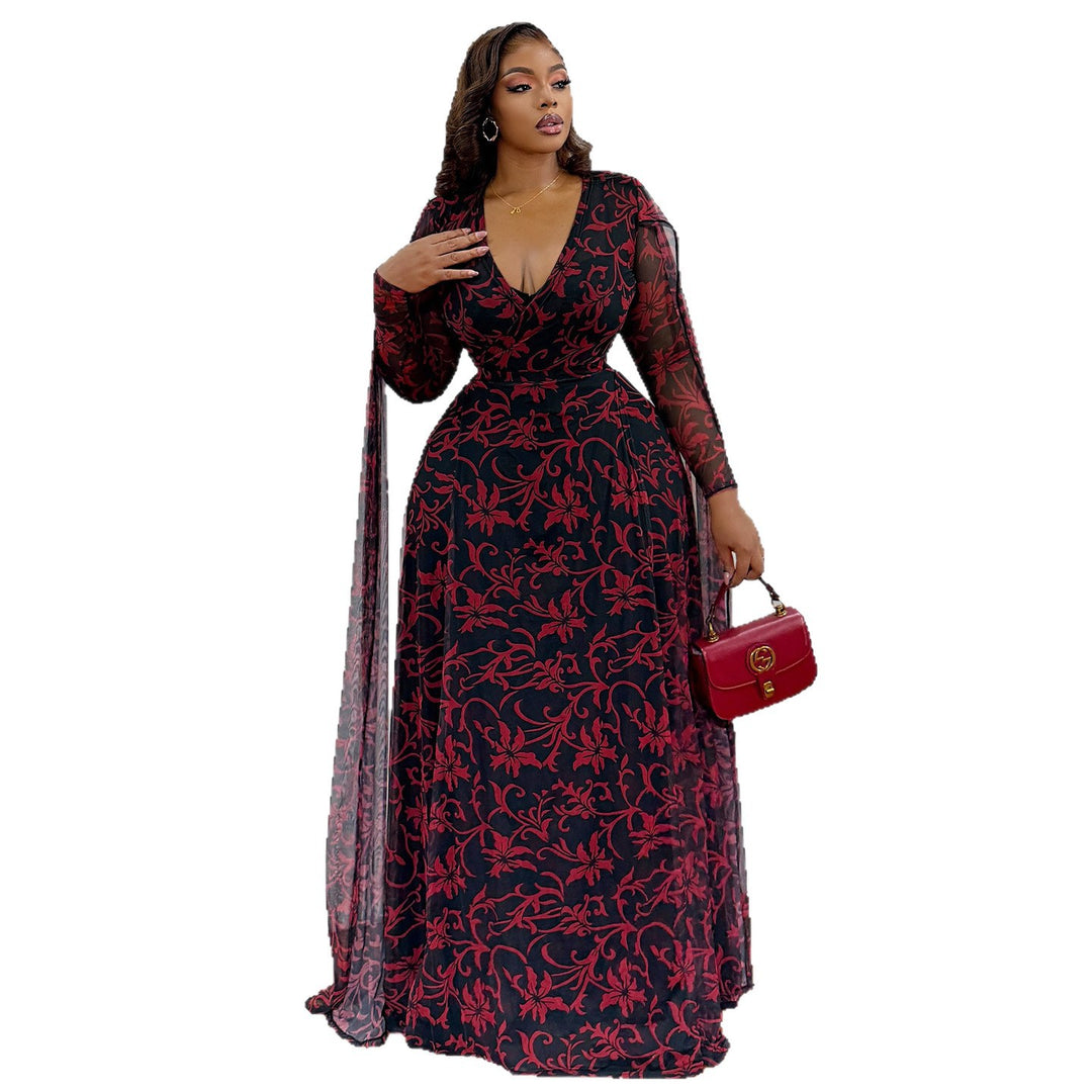 Damen Maxikleid mit floralem Transparentdesign und eleganten Ärmeln Drune